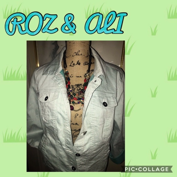 ROZ & ALI LIGHT GREEN DENIM JACKET~TRADITIONAL TRUCKER STYLE ~MEDIUM - Picture 2 of 5